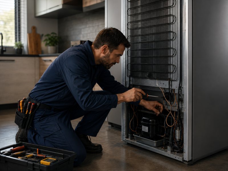 Sub-Zero technician repairing a built-in refrigerator
